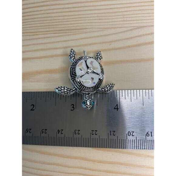 Turtle-Inspired Silver-Tone & Faux Mother-Of-Pearl Brooch Rhinestone Accents - Picture 5 of 5